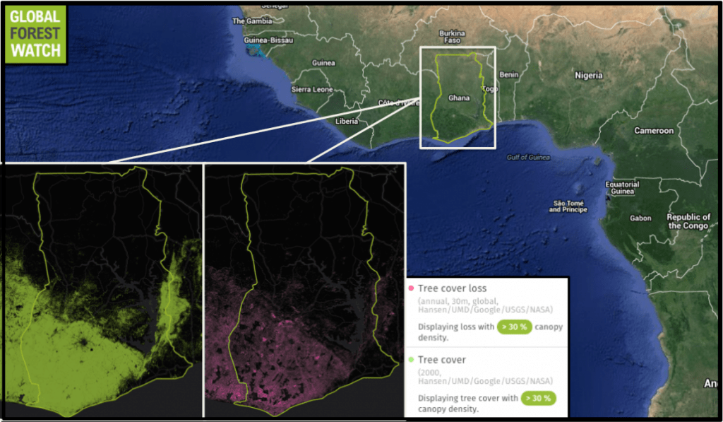 Ghana’s relatively dense forests are found primarily in the southern part of the country, and are under threat from logging, agriculture, and fire. Global Forest Watch shows Ghana’s tree cover declined nearly 9 percent from 2001 through 2014, and previous research indicates only around 20 percent of the country’s forests remain today.