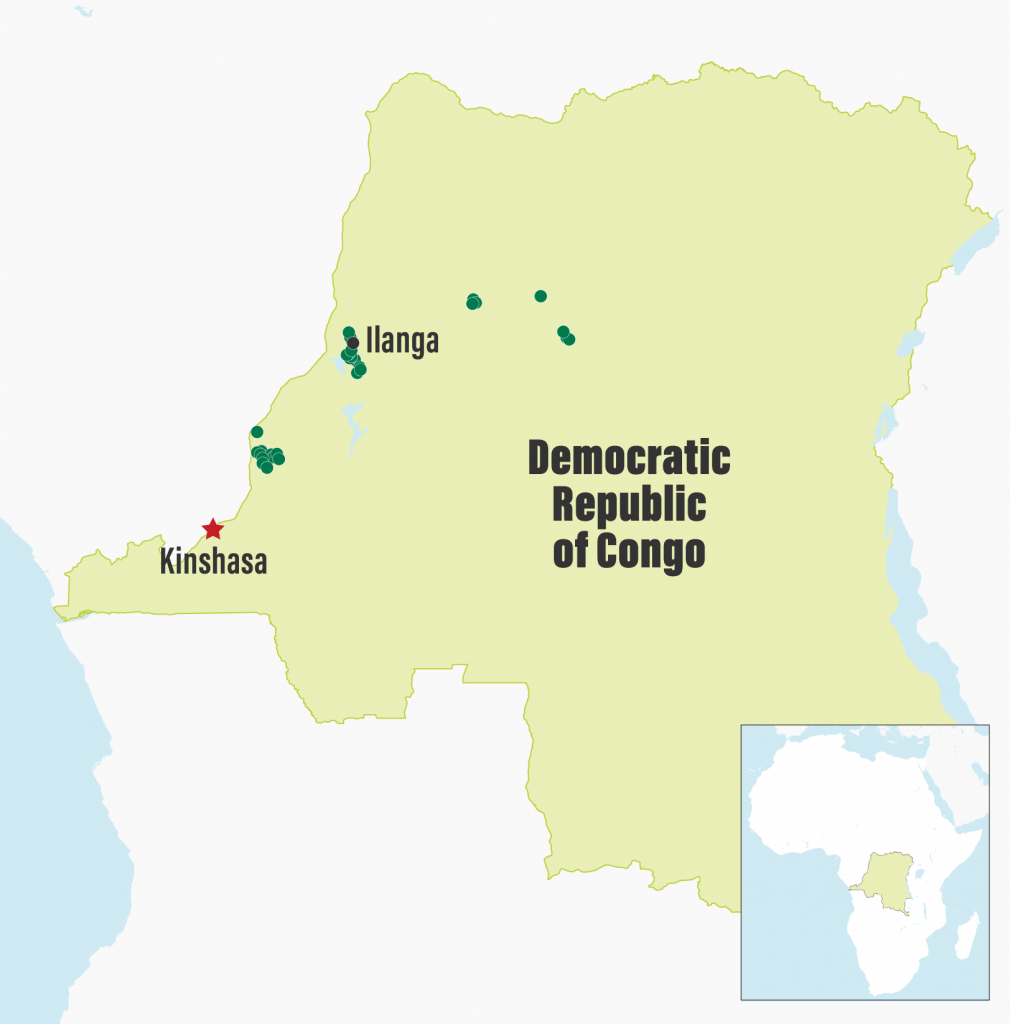 Approximate location of awarded community forest concessions in DRC supported by CARPE partners as of May 2018. (Data courtesy of WWF and AWF; map produced by WRI) 