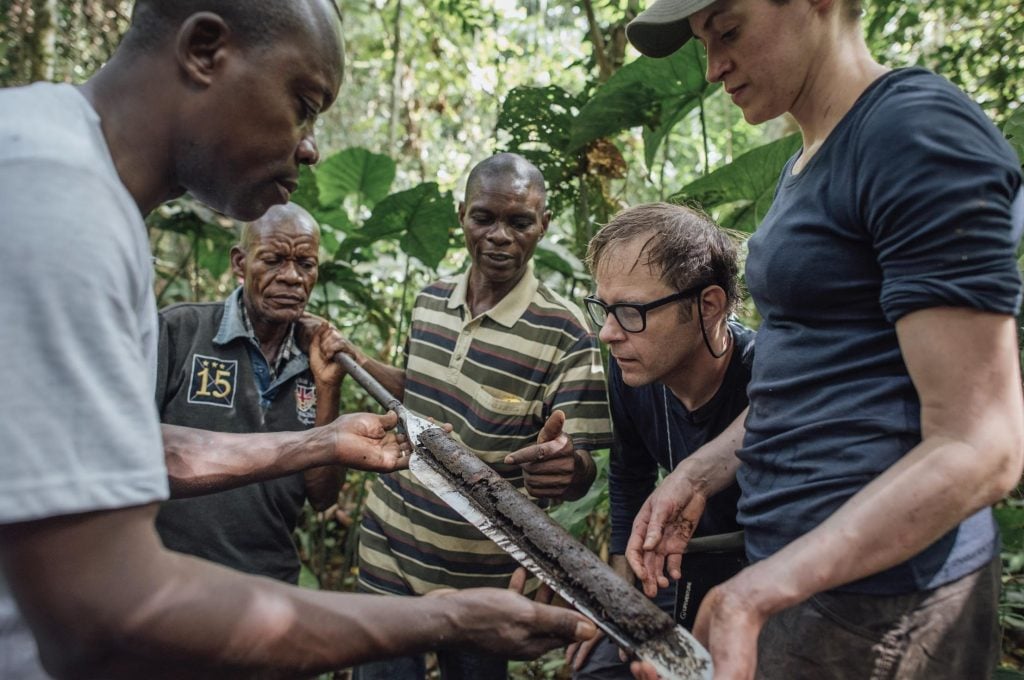 Les professeurs Corneille Ewango et Simon Lewis en train de mesurer une tourbe. Photo/Greenpeace