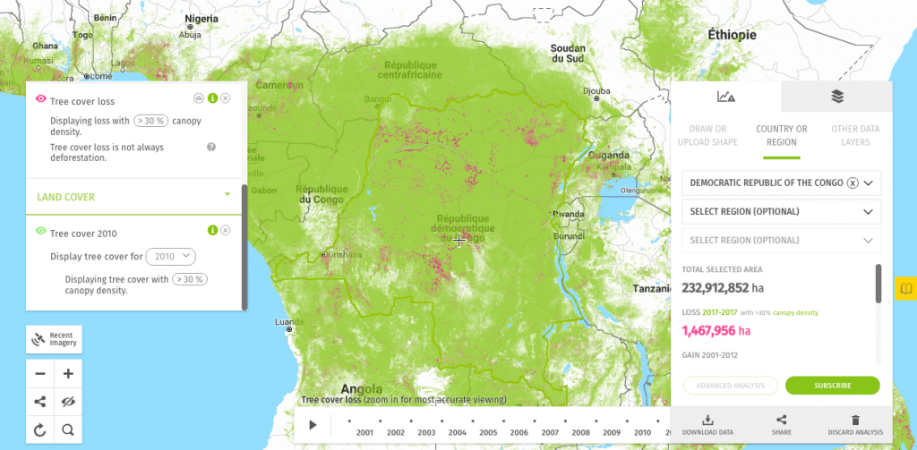 Perte de couvert arboré en RDC en 2017. Source : Global Forest Watch.