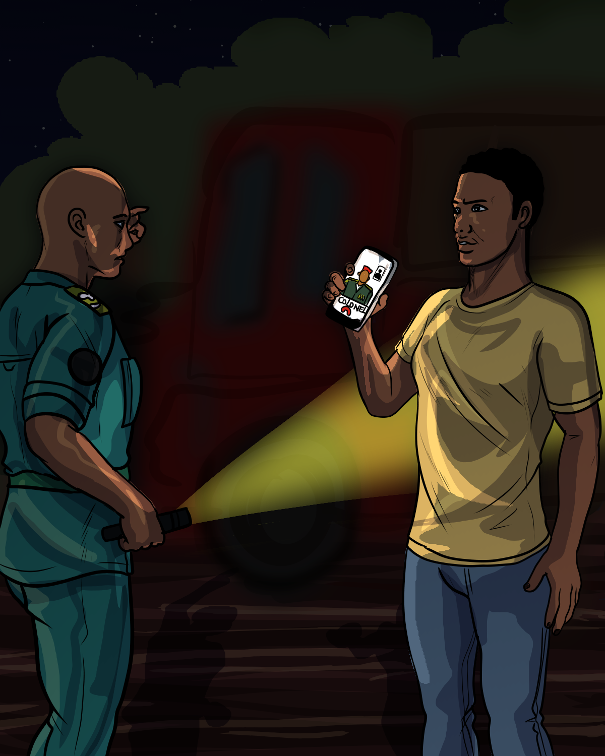 A truck driver showing to a policeman who commissioned him to transport illegal logs. Illustration by InfoCongo