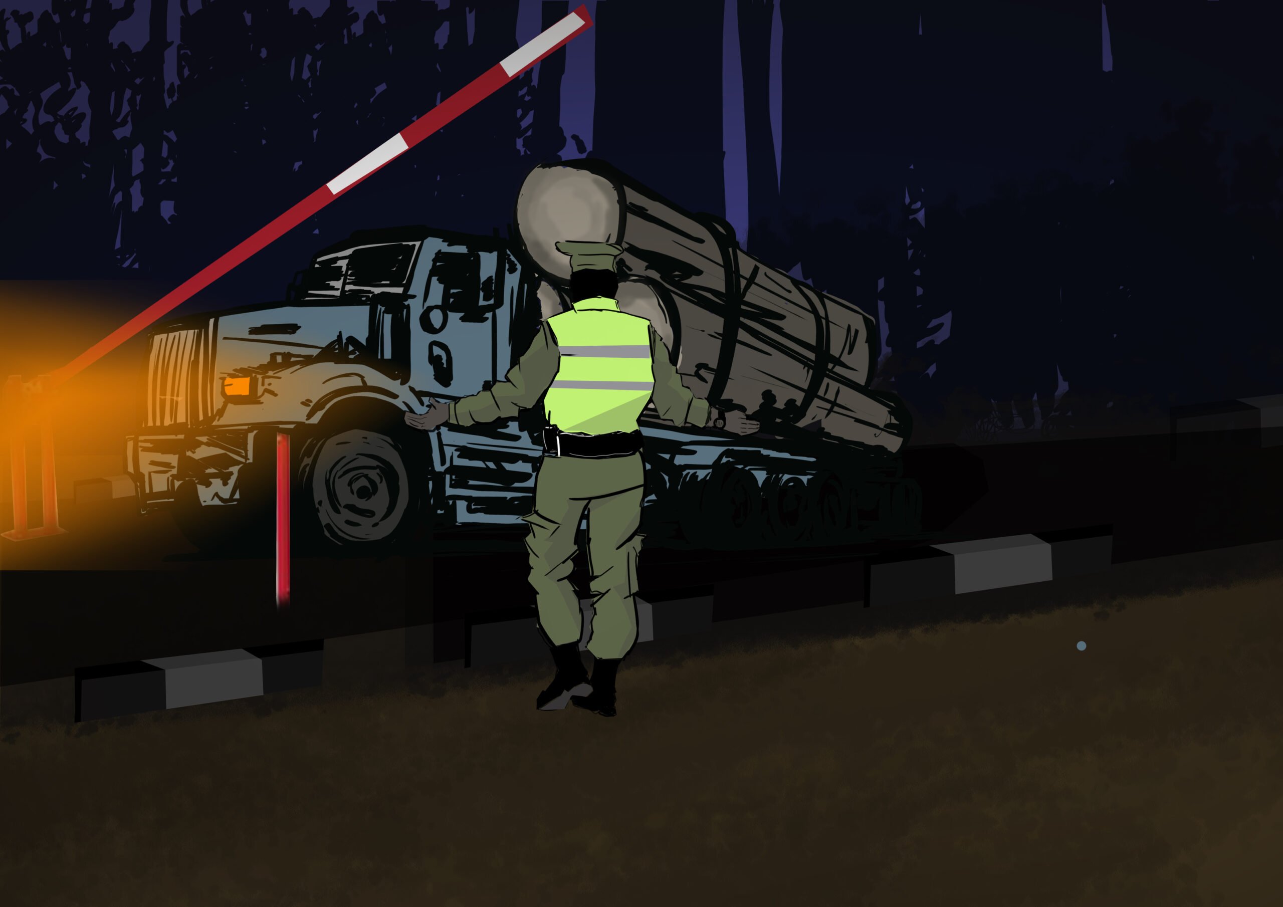 Illustration of a forest control post at night. Illustration by InfoCongo