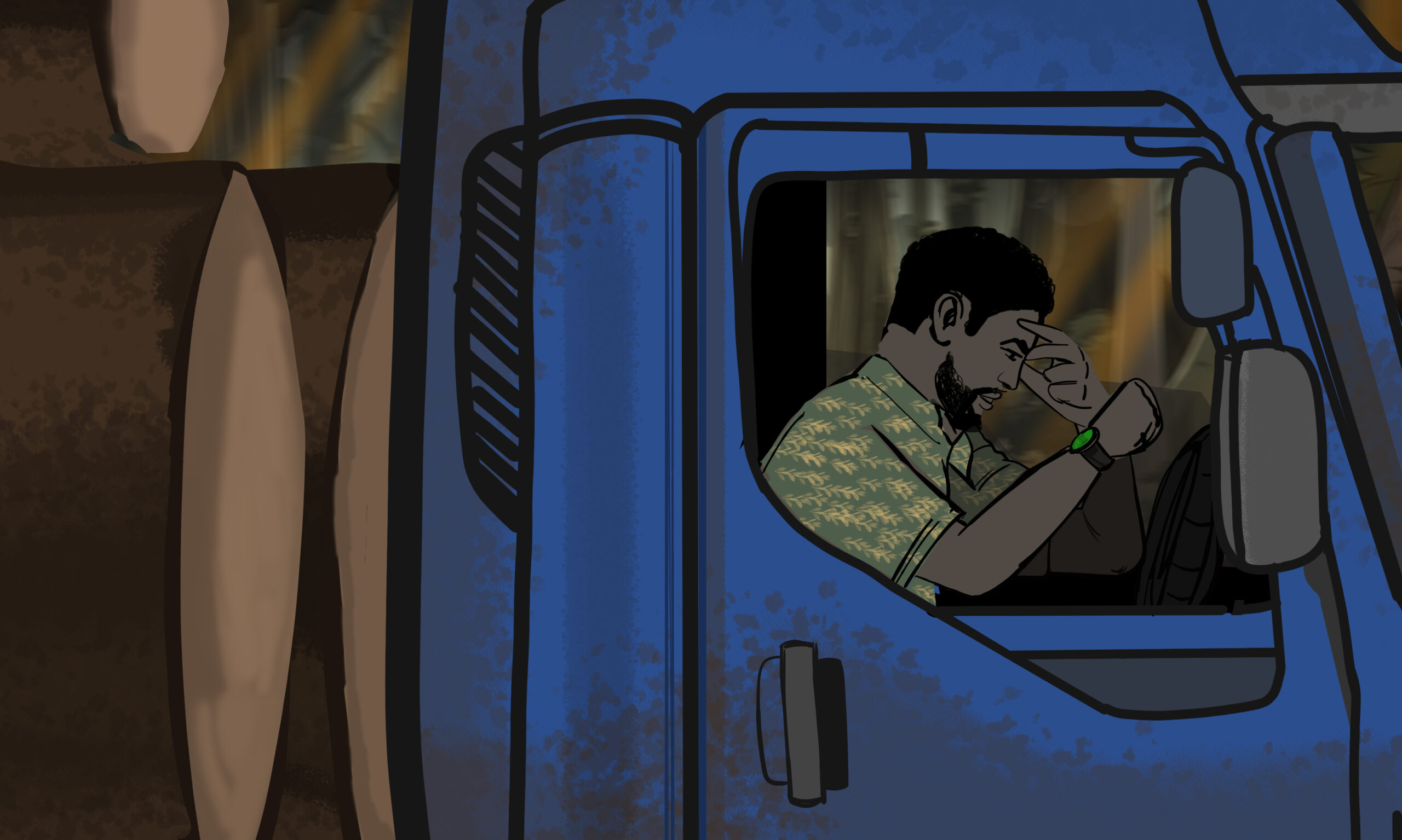 Truck driver transporting illegal logs, waiting for night to continue his journey. Illustration by InfoCongo