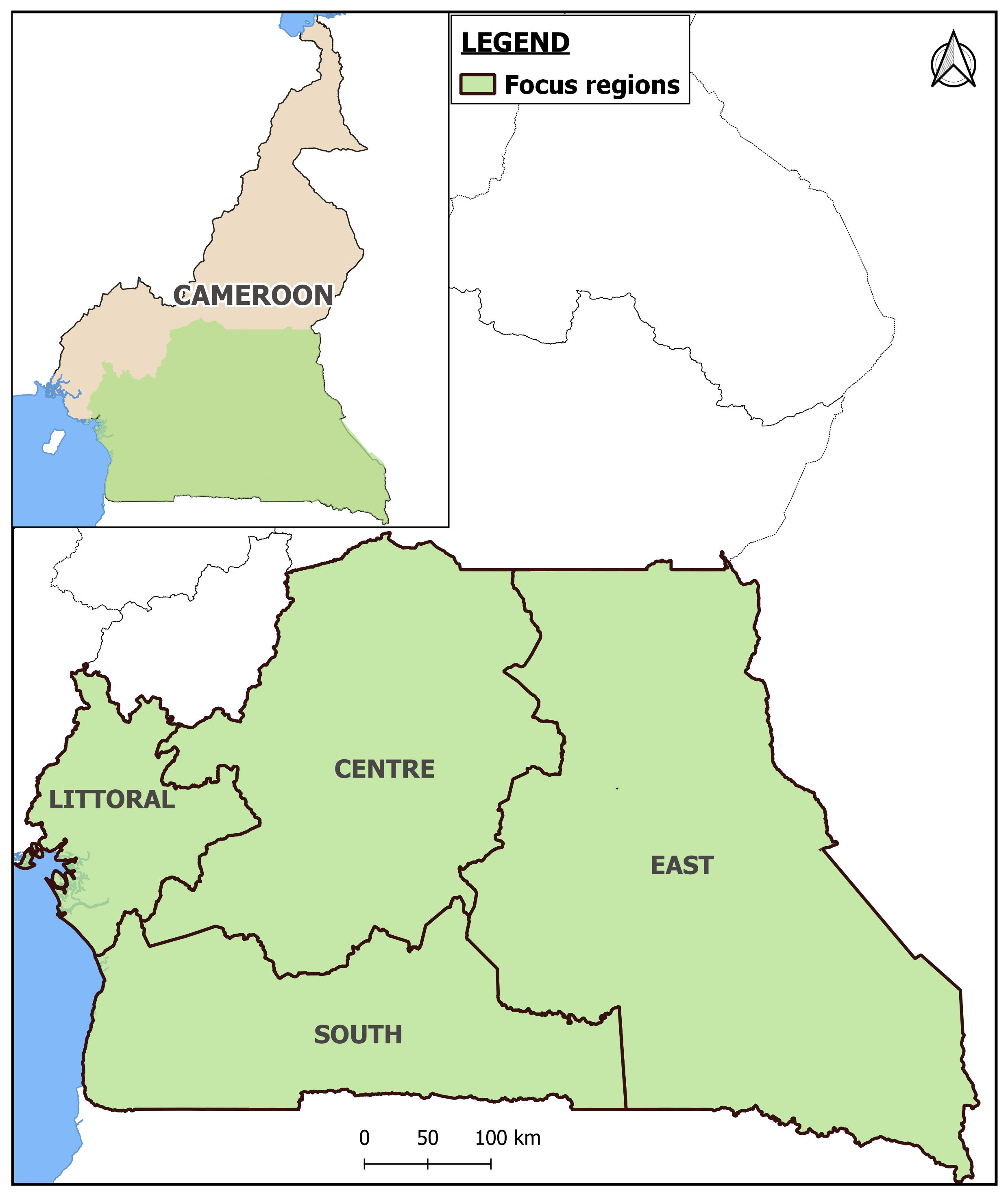 Focus regions of the investigation: South, Littoral, East and Centre. Map by InfoCongo