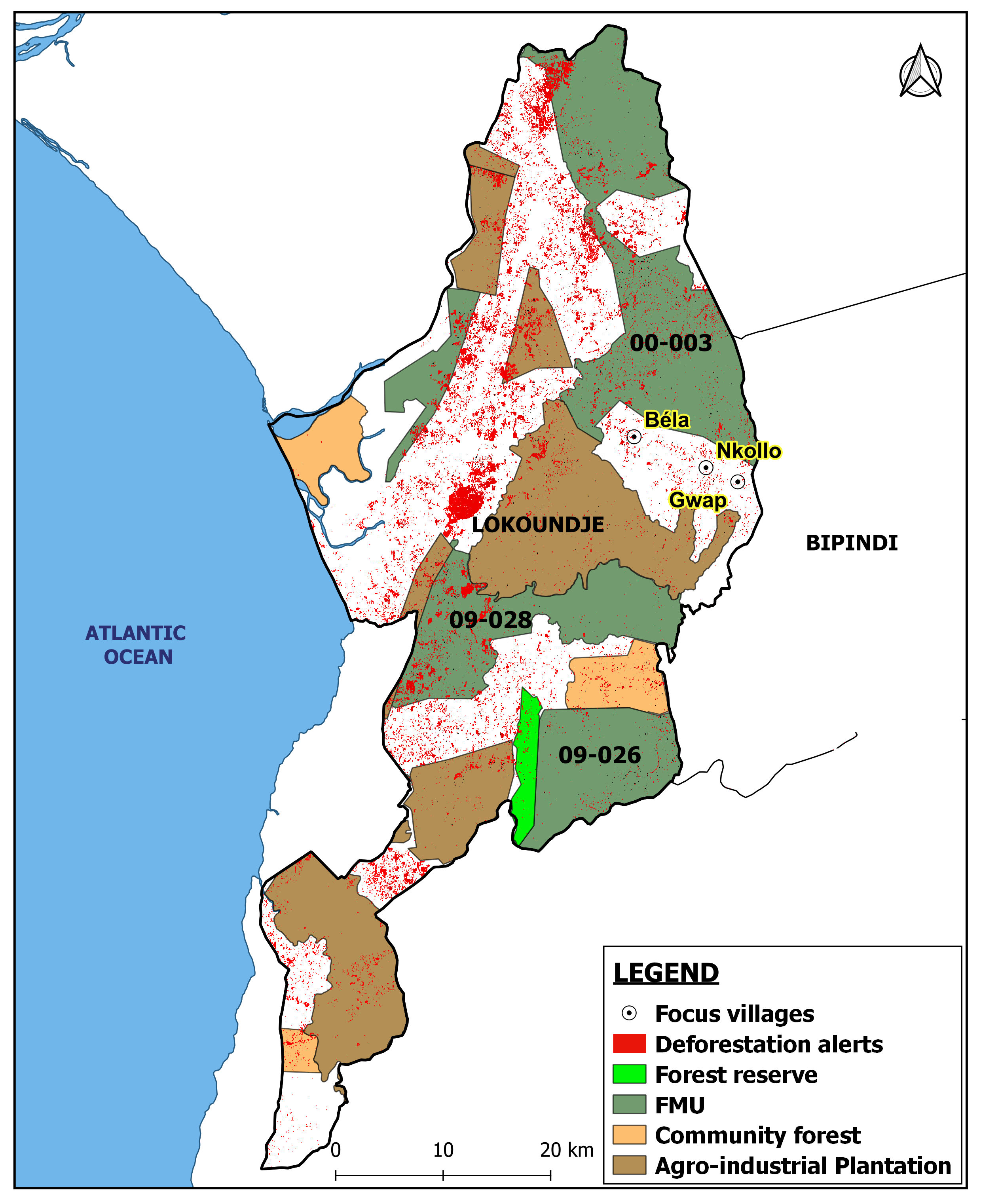 Map of land use in Lokoundje/South Cameroon and deforestation alerts. By InfoCongo