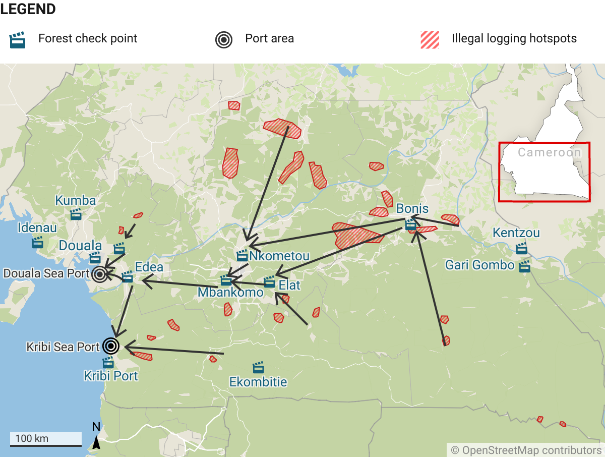 In cameroon, timber trade flows routes from illegal logging hospots to the ports. Map by InfoCongo